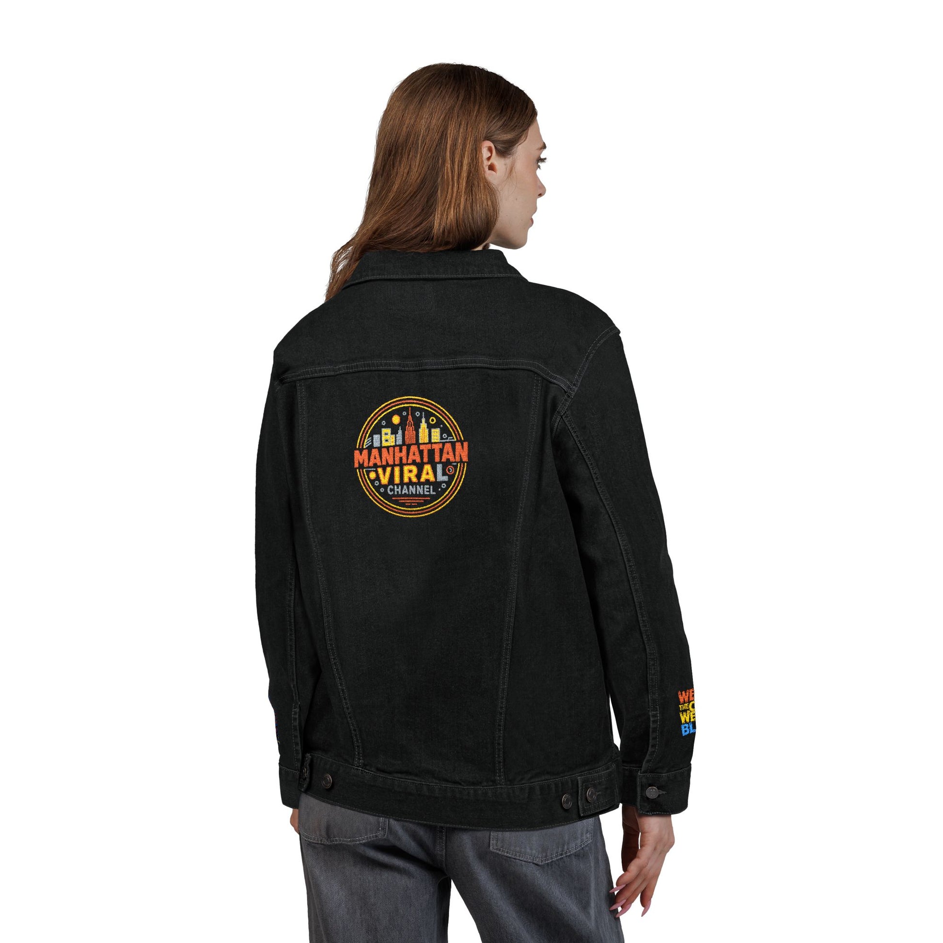 MV Channel Denim Jacket - Manhattan Viral Channel Embroidered Denim Jacket, Casual Streetwear, Unisex Fashion - Manhattan Viral