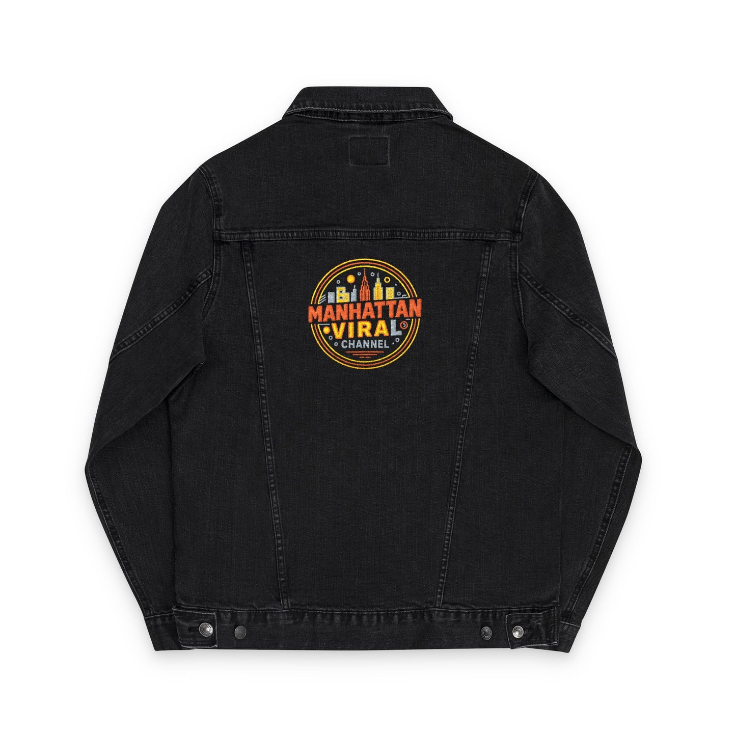 Manhattan Viral Channel Embroidered Denim Jacket, Casual Streetwear, Unisex Fashion - Manhattan Viral