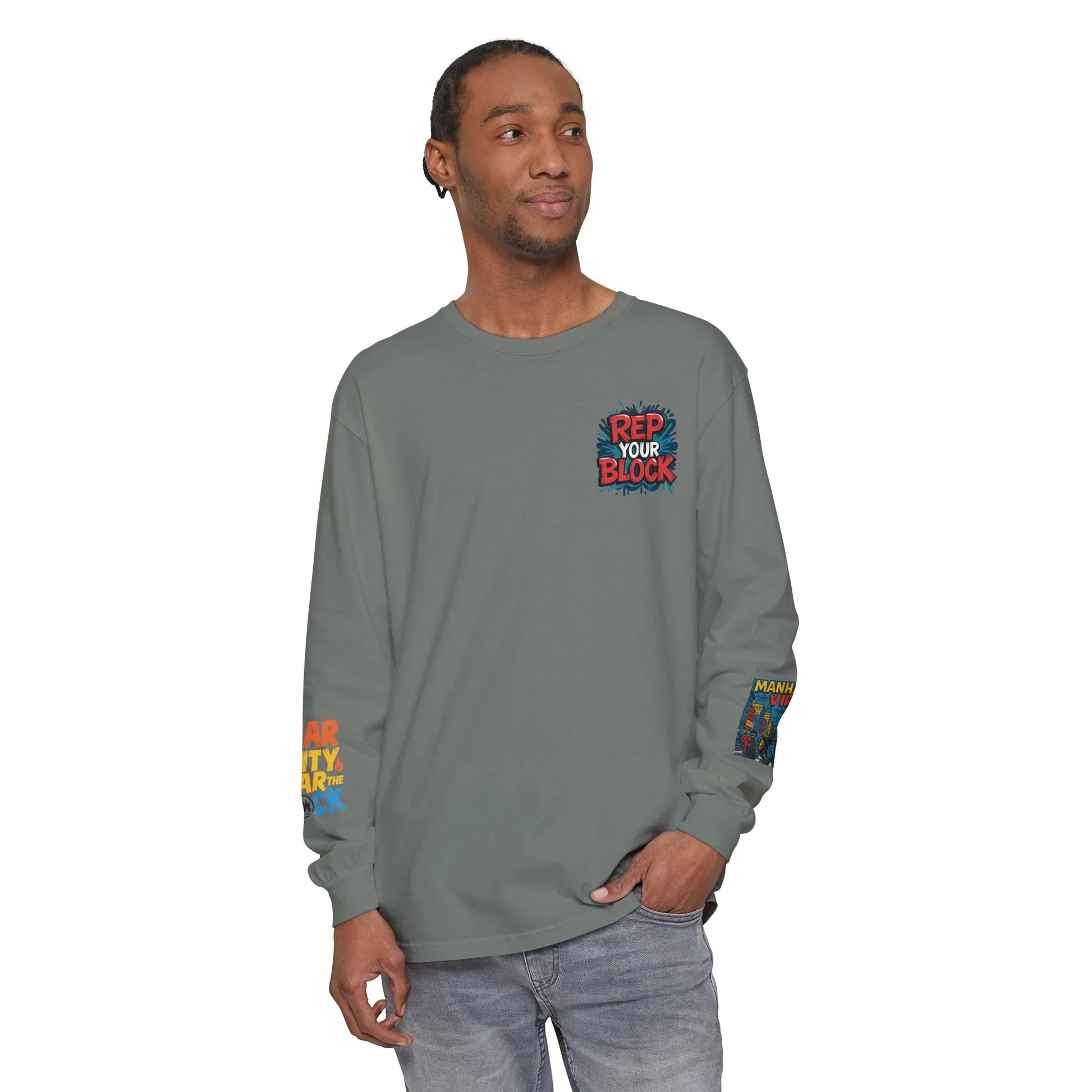 Rep The Block Graphic Long Sleeve Tee with Lion Design, Streetwear - Rep The Block Graphic Long Sleeve Tee with Lion Design, Streetwear - Grey - S