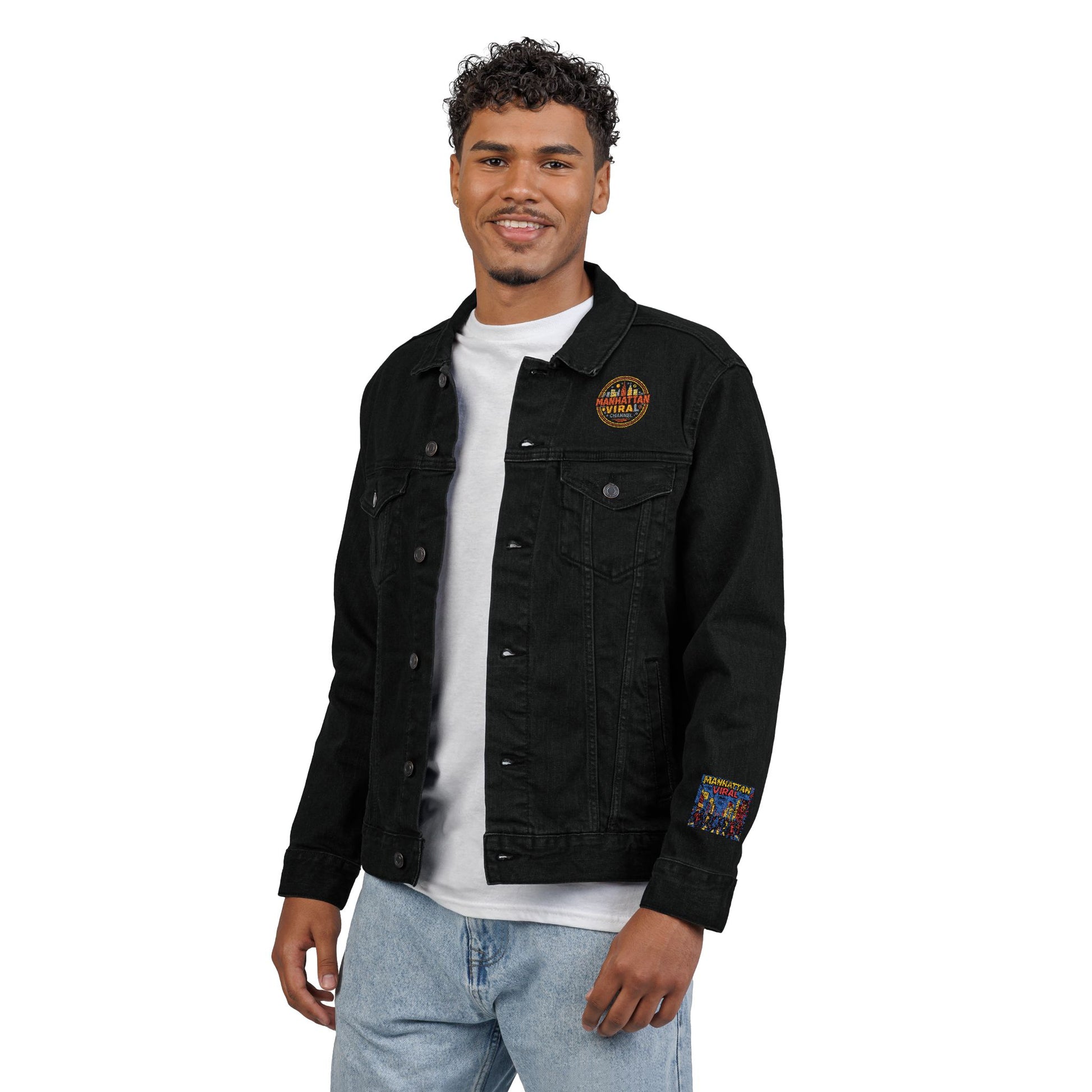 MV Channel Denim Jacket - Manhattan Viral Channel Embroidered Denim Jacket, Casual Streetwear, Unisex Fashion - Manhattan Viral