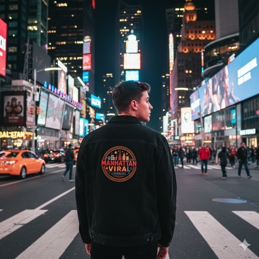 Manhattan Viral Channel Embroidered Denim Jacket, Casual Streetwear, Unisex Fashion - Manhattan Viral