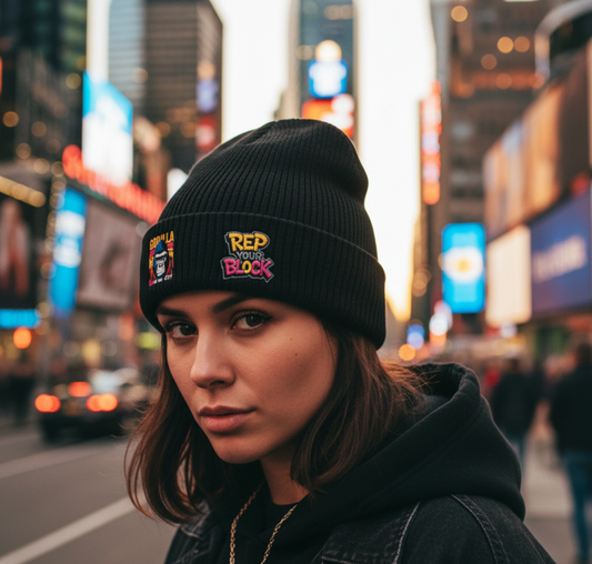 Embroidered Ribbed Beanie — Retro 'Rep Block' Gorilla In The City Patch Knit Hat